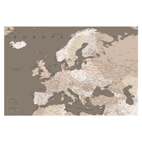 Mapa Detailed map of Europe in earth tones, Blursbyai, 40 × 26.7 cm