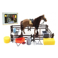 Kůň česací hnědý plast s doplňky a ohradou v krabici 34x25x5cm