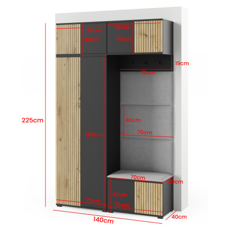 Eka Předsíňová stěna s čalouněnými panely Joey 3 - Černá a Dub Artisan / Růžová 2310