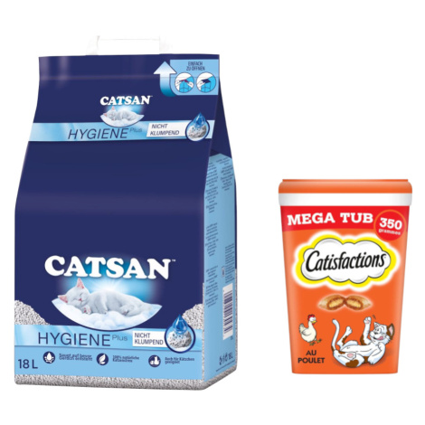 Catsan Hygiene Plus stelivo, 18 l + Dreamies 2 x 350 g - 15 % sleva - stelivo pro kočky 18 L + v