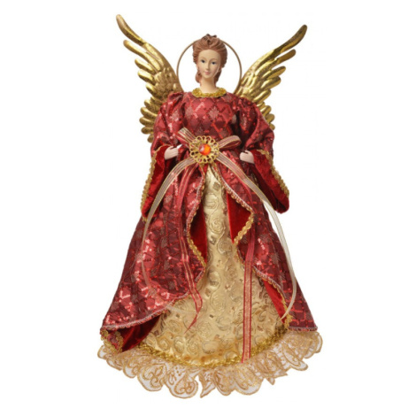 Vánoční figurka červeno-zlatý anděl se zlatými křídly a svatozáří – 40 cm Clayre & Eef
