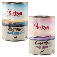 Purizon Organic výhodné balení 24 x 400 g - míchané balení: 12 x kachna s kuřecím, 12 x losos s 