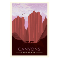 Ilustrace Canyon lands with cliff, wolves and, JDawnInk, (26.7 x 40 cm)