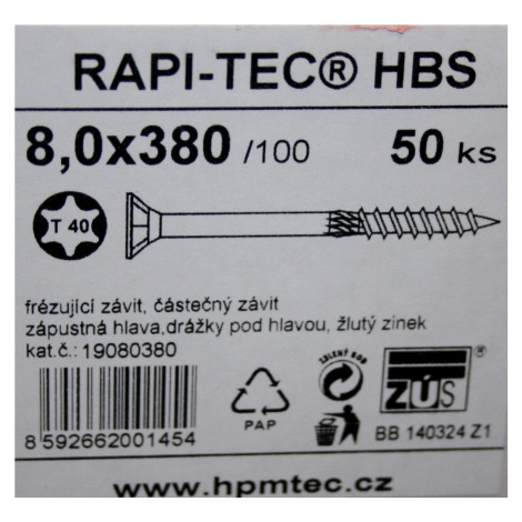 Vruty RAPI-TEC HBS 8x380mm zápustná hlava TX40 galvanický zinek
