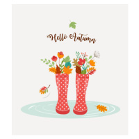 Ilustrace Autumn, fall season background, rain rubber boots with autumn leaves and flowers, scar