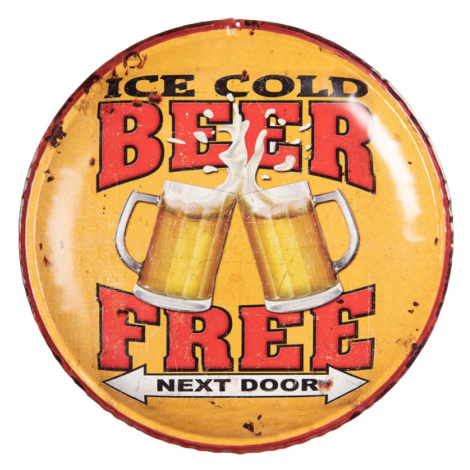Žlutá nástěnná kovová kulatá cedule na zeď Beer Free – 35x2 cm Clayre & Eef