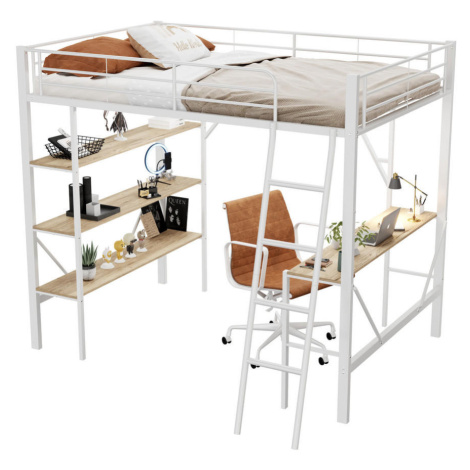OKWISH VYSOKÁ postel 204,5/149/180,5 cm bílá s psacím stolem a 3 policemi z kovu a MDF
