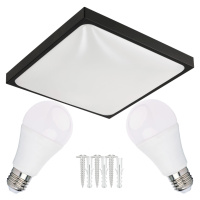 LED stropní svítidlo 2xE27 čtvercové černé + 2x E27 10W neutrální bílá žárovka