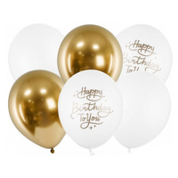 PartyDeco Latexové balónky - bílé a zlaté Happy birthday to you 6 ks