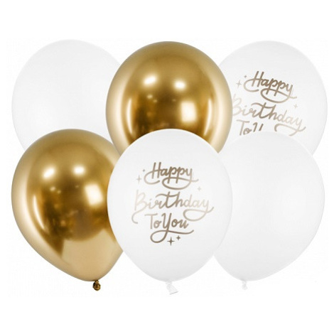 PartyDeco Latexové balónky - bílé a zlaté Happy birthday to you 6 ks