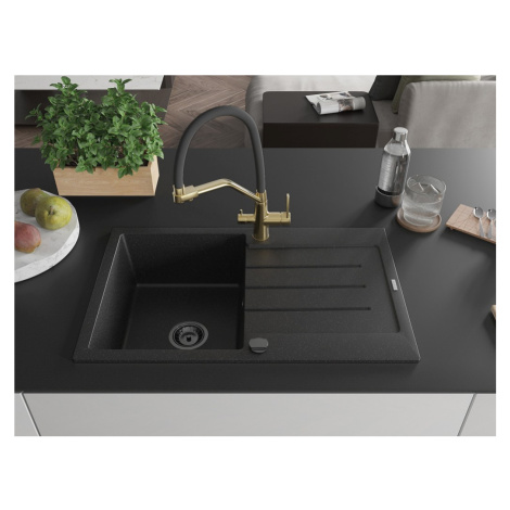 MEXEN/S Bruno granitový dřez s odkapávačem včetně baterie Duo, černá/stříbrná metalik 6513-73-67