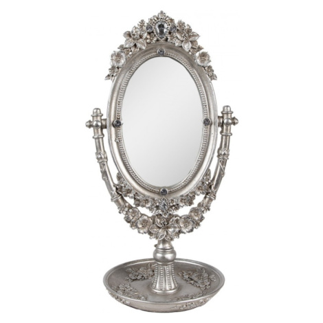Stříbrné oválné plastové stolní zrcadlo s okrasnými kytičkami – 17x13x30 cm Clayre & Eef