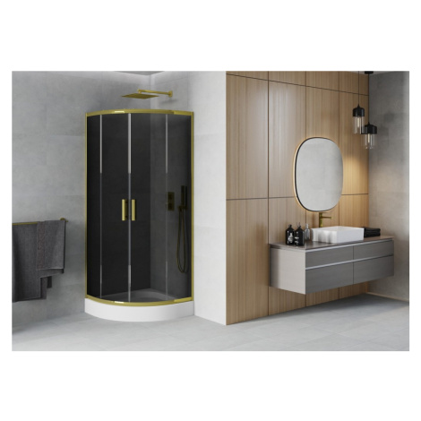 MEXEN/S Rio sprchový kout čtvrtkruh 90 x 90, grafit, zlatá + vanička Rio, bílá 863-090-090-50-40