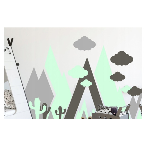 Krásná mentolovo šedá nálepka na zeď abstraktní hory 100 x 200 cm