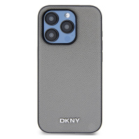 Zadní kryt DKNY PU Leather Silver Metal Logo Magsafe pro Apple iPhone 15 Pro Max, šedá