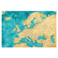 Mapa Detailed map of Europe in gold and teal watercolor, Blursbyai, 40 × 26.7 cm