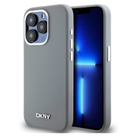 DKNY Liquid Silicone Silver Metal Logo Magsafe kryt iPhone 15 Pro šedý