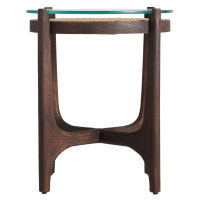 Estila Moderní kulatý příruční stolek Nossen z mangového dřeva, skla a ratanu v hnědé barvě 56cm