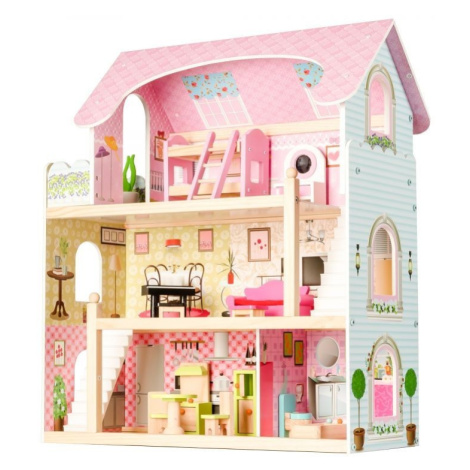 Dřevěný domeček v růžové barvě s panenkami