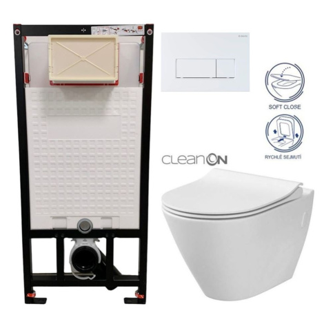 DEANTE Podomítkový rám, pro závěsné WC mísy + SLIM tlačítko bílé + WC CERSANIT CLEANON CITY CST_