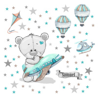 Samolepky na zeď pro kluky - Medvídek s letadlem a balóny