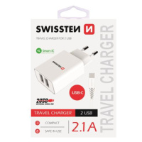 SWISSTEN SÍŤOVÝ ADAPTÉR SMART IC 2x USB 2,1A POWER + DATOVÝ KABEL USB / TYPE C 1,2 M, BÍLÁ