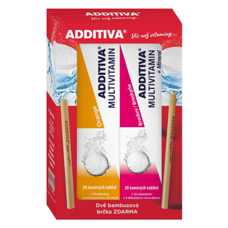 Additiva Multivitamin pomeranč + broskev 2x20 šumivých tablet + 2x bambusové brčko
