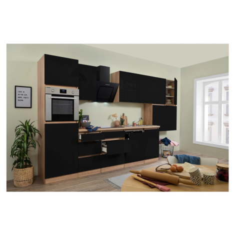 Respekta Kuchyně Lorena černá/dub 380 cm-trouba/skl.d./digestoř/myčka/lednice