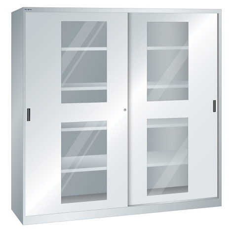 LISTA Skříň s prosklenými posuvnými dveřmi, 8 polic, světlá šedá