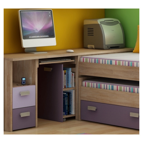 Studentský rohový PC stůl NELLORE 2, dub sonoma/levandulová/fialová, 5 let záruka MORAVIA FLAT
