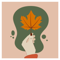 Ilustrace Human hand holding a maple leaf. Autumn vibes. Vector illustration, flat design, friko