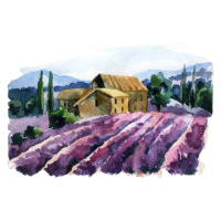 Ilustrace Watercolor lavender field landscape. Summer in, Tanya Syrytsyna, 40 × 26.7 cm