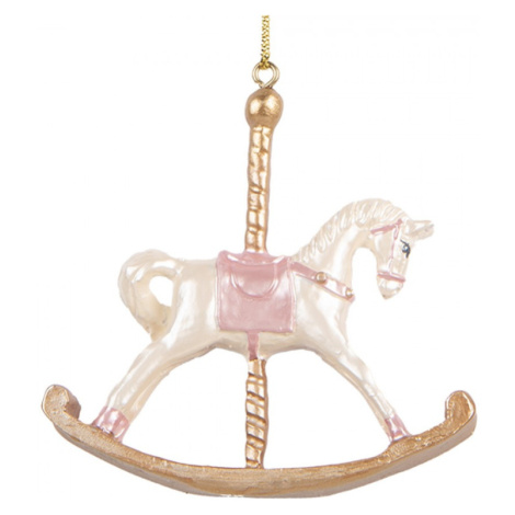 Závěsná vánoční ozdoba houpací koník s růžovým sedlem – 8x2x7 cm Clayre & Eef
