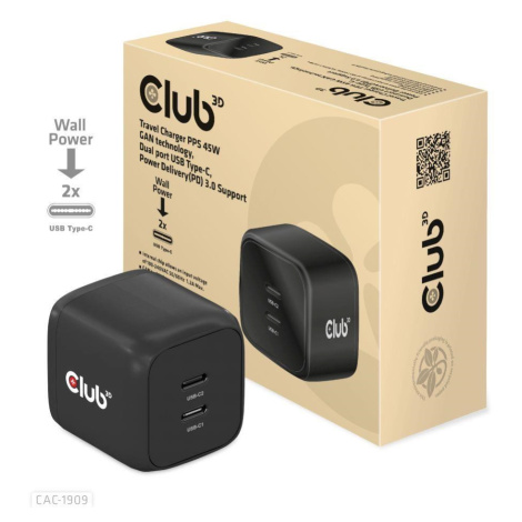 Club3D cestovní nabíječka PPS 45W GAN technologie, Dual port USB Type-C, Power Delivery(PD) 3.0 