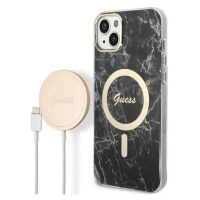 Pouzdro Guess Marble MagSafe pro iPhone 14 + indukční nabíječka - černé