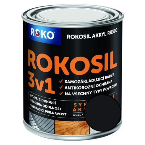 Barva samozákladující Rokosil akryl 3v1 RK 300 1999 černá mat, 0,6 l ROKOSPOL
