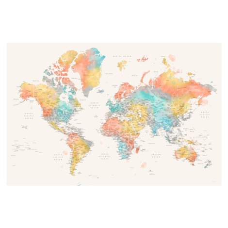 Mapa Detailed colorful watercolor world map, Fifi, Blursbyai, 40x26.7 cm