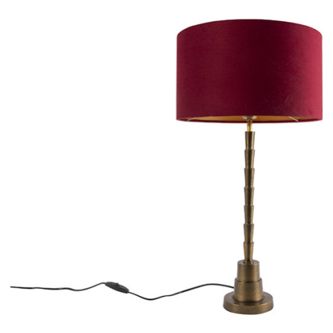 Art Deco stolní lampa bronzový sametový odstín červená 35 cm - Pisos QAZQA