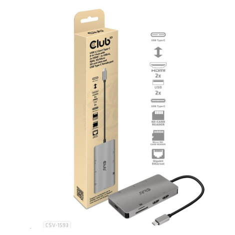 Club3D Dokovací stanice 8v1 USB 3.2 typ C (2xHDMI, 2xUSB-A, RJ45, SD/ Micro SD USB Type-C, 100W 