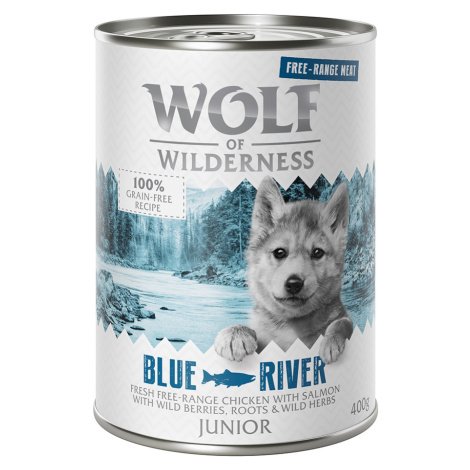 Wolf of Wilderness "Free-Range Meat" Junior 6 x 400 g - Junior Blue River - losos a kuřecí z vol
