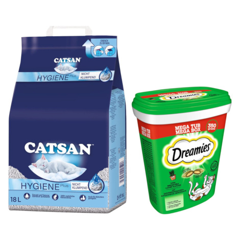 Catsan Hygiene Plus stelivo, 18 l + Dreamies 2 x 350 g - 15 % sleva - stelivo pro kočky 18 L + s