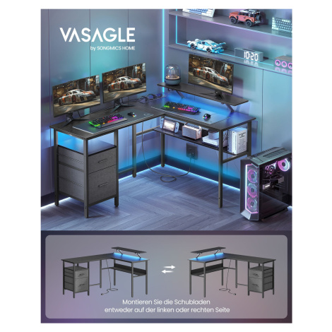 VASAGLE Rohový psací stůl s LED osvětlením 150 x 90 x 120 černý