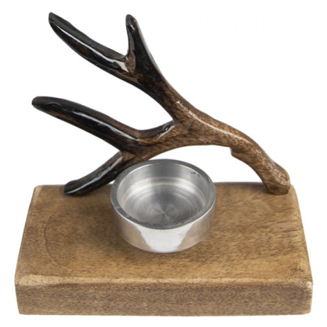 Hnědý dřevěný svícen na čajovou svíčku s parožím – 13x7x12 cm Clayre & Eef