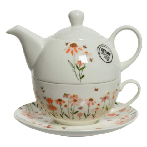 Šálek a čajová konvice porcelánová s květy a včelami Kaemingk