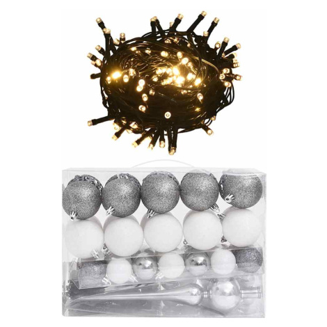 vidaXL 60dílná sada vánočních koulí se špicí a 150 LED bílá a šedá