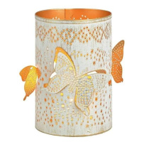 Svícen kovový válcový na svíčku s motýly bílo-zlatý 15cm