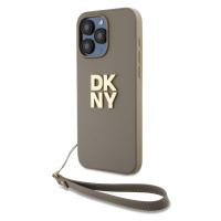 Zaní kryt DKNY PU Leather Stack Logo Wrist Strap pro Apple iPhone 14 Pro Max, béžová