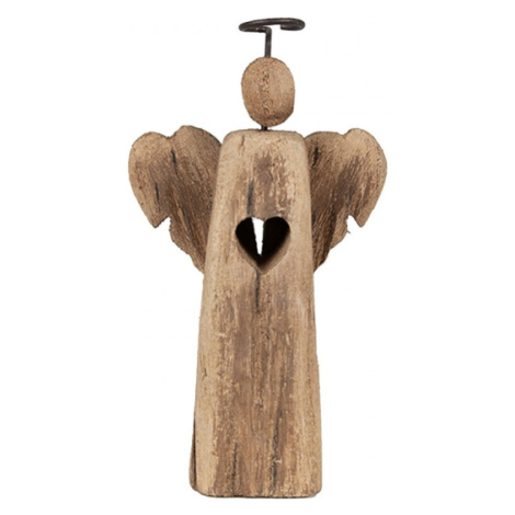 Dřevěná dekorace anděl se srdcem a kovovou svatozáří – 22 cm Clayre & Eef