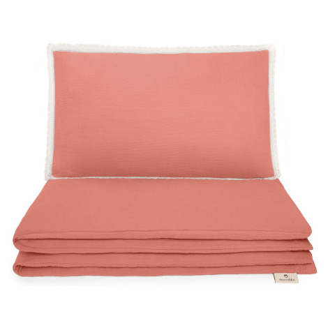 Maceshka Mušelínové povlečení Nature s ozdobným okrajem - marsala, polštářek krajka