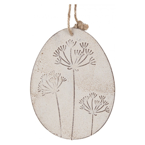 Kovová velikonoční závěsná ozdoba bílé vajíčko s motivem rostlin – 10 cm Clayre & Eef